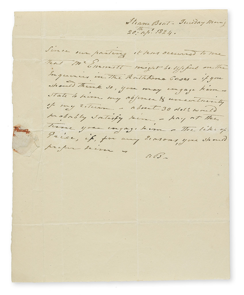 BURR, AARON. Autograph Letter Signed, AB., to an unnamed recipient (lacking salutation),